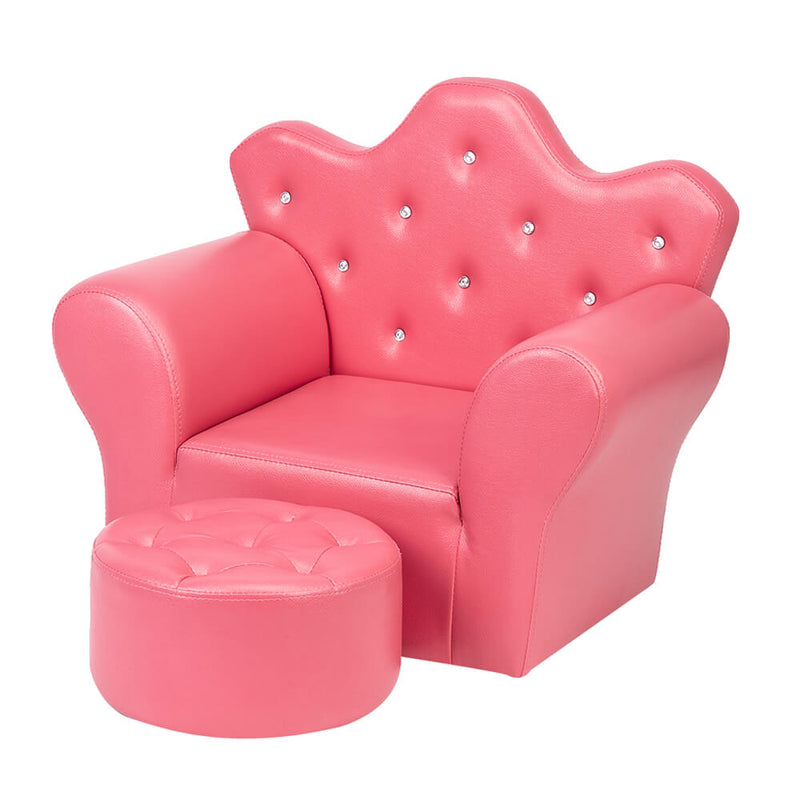 Kids Sofa With Upholstered Armchair with Ottoman Embedded Crystal Rose Red