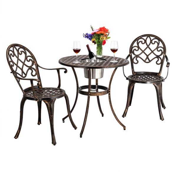 3 Pcs Outdoor Bistro Set, Dining Table Set of Table and Chairs with Ice Bucket, Cast Aluminum Outdoor Patio Furniture, Bronze