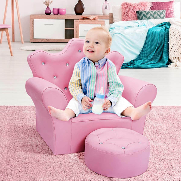 Kids Sofa With Upholstered Armchair with Ottoman Embedded Crystal Pink