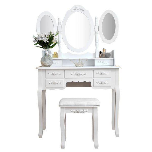 3 Mirrors with 7 Drawers Dressing Table White
