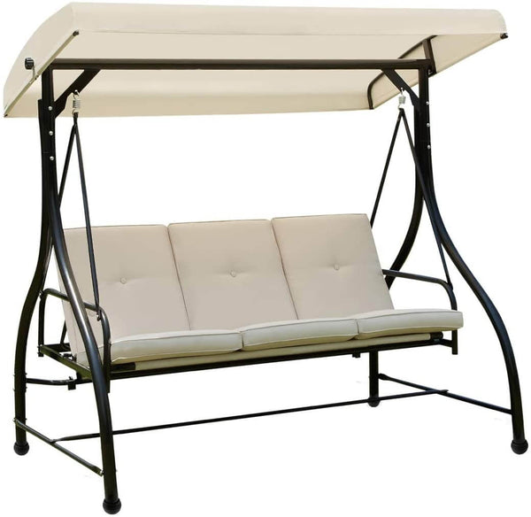 3 Person Patio Porch Swing Outdoor Swing Chair with Adjustable Canopy Weather Resistant Steel Frame & Padded, Beige