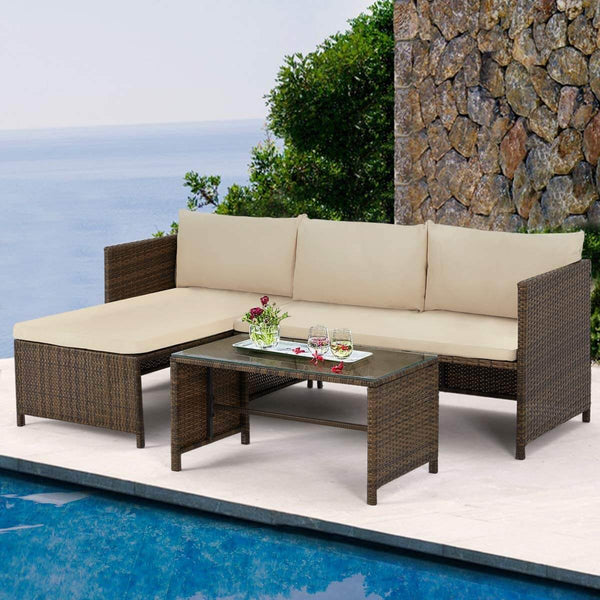 3 Pcs Outdoor Rattan Sofa Set, Patio Garden Furniture Set with Lounge Chaise, Coffee Table, Brown
