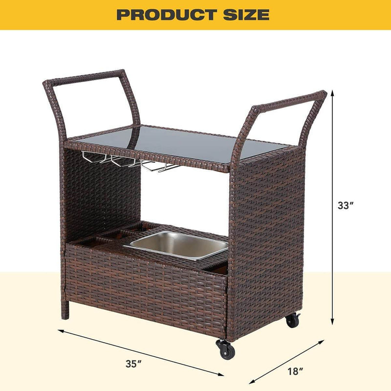 Outdoor Wicker Bar Cart Patio Serving Counter Table w/ Removable 12L Ice bucket, Glass Top, Wine Rack & Wheels