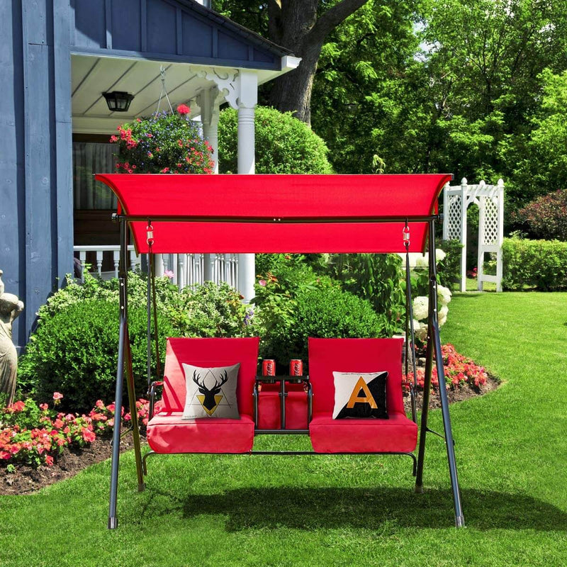 Patio Porch Swing 2 Person Outdoor Swing Chair with Adjustable Tilt Canopy, Table and Storage Console, Red