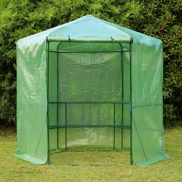 7.5FT Portable Greenhouse 3-Tier Shelf Hexagonal Walk-in Green House Kit, Plant Hot House, Green