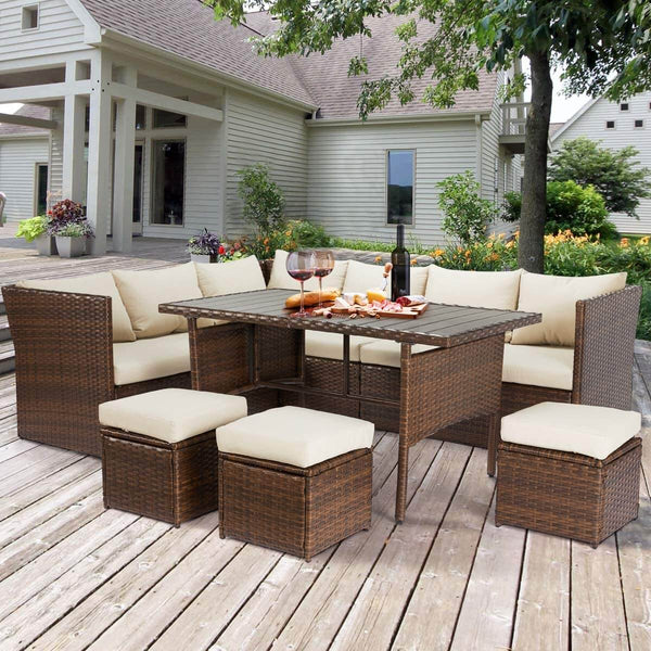 Outdoor Patio Sectional Furniture Set, 7 Pcs Outdoor Conversation Sets, Patio Dining Sets All Weather Wicker Sectional Sofa with Ottoman, Brown