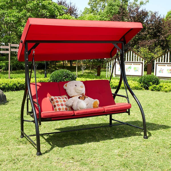 3 Person Patio Porch Swing Outdoor Swing Chair with Adjustable Canopy Weather Resistant Steel Frame & Padded, Red