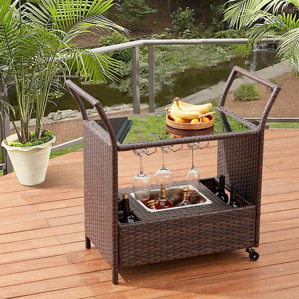 Outdoor Wicker Bar Cart Patio Serving Counter Table w/ Removable 12L Ice bucket, Glass Top, Wine Rack & Wheels