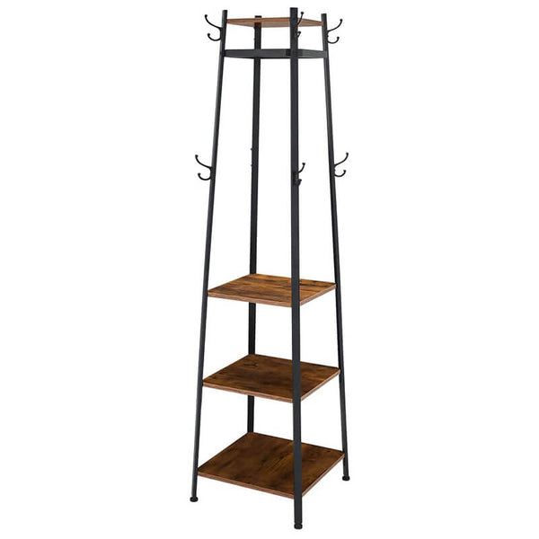 Industial Coat Rack, Coat Stand with 3 Shelves, Hall Trees Free Standing with Hooks and Clothes Rail, Metal Frame