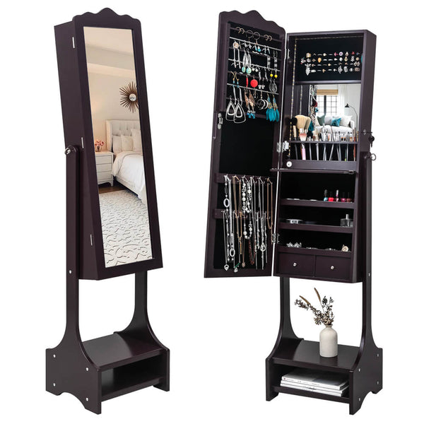 3-Layer Shelf With Inner Mirror Jewelry Storage Cabinet Brown