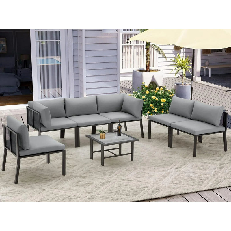 AECOJOY 7-Piece Metal Mesh Outdoor Furniture Set with Cushions and Waterproof Cover, Wooden Table, Ideal for Garden, Backyard, Balcony, & Lawn (Grey)