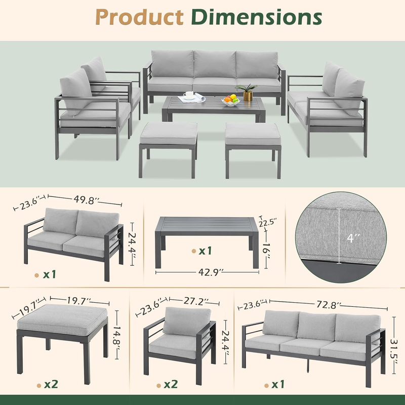 AECOJOY Aluminum Patio Furniture Sets with Waterproof Cover, Aluminum Outdoor Furniture Sets Metal Patio Sets for Balcony, Light Grey