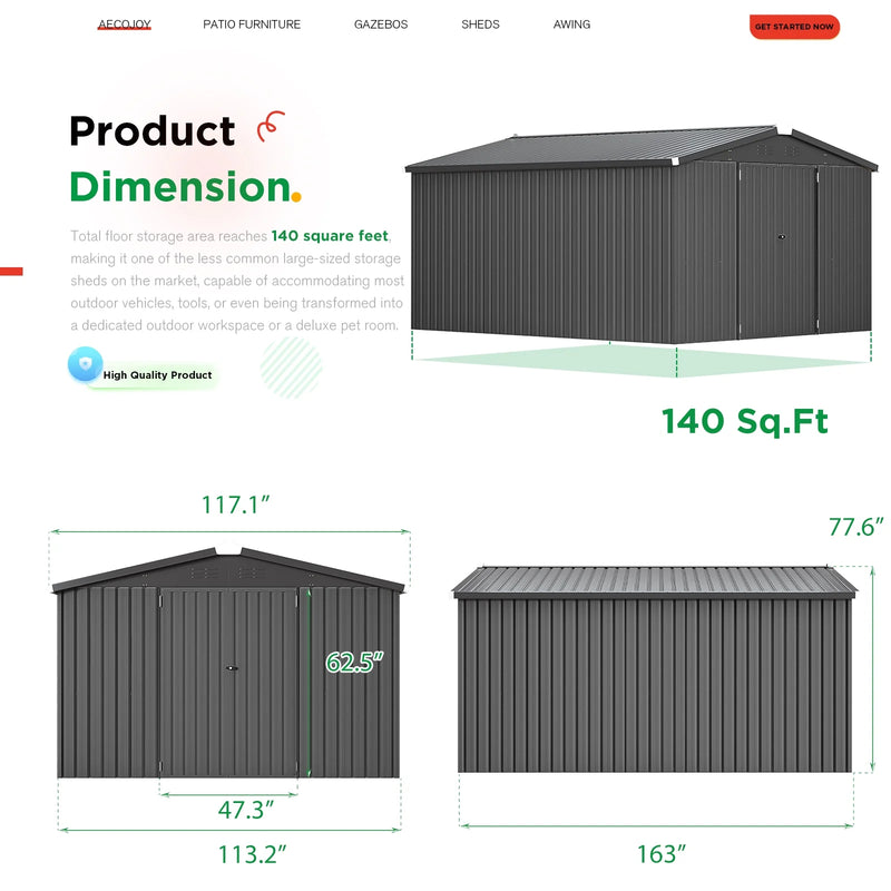 AECOJOY 10' x 14' Outdoor Storage Shed with Lockable Door Patio Metal Garden Storage Building in Dark Gray for Outside