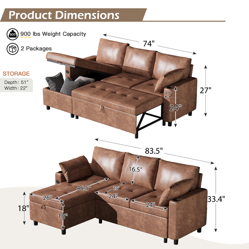 YODOLLA Sofa Bed, 3 in 1 Sleeper Sofa with Storage Chair, Faux Leather L Shape Couch, Sectional Pull Out Sofa Bed Mid Century Modern Couch for Living Room Clearance, Comfy Sleeper Couch in Brown