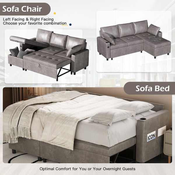 YODOLLA Sofa Bed, 3 in 1 Sleeper Sofa with Storage Chair, Faux Leather L Shape Couch, Sectional Pull Out Sofa Bed Mid Century Modern Couch for Living Room Clearance, Comfy Sleeper Couch in Grey