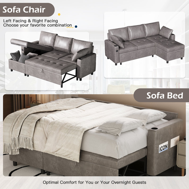 YODOLLA Sofa Bed, 3 in 1 Sleeper Sofa with Storage Chair, Faux Leather L Shape Couch, Sectional Pull Out Sofa Bed Mid Century Modern Couch for Living Room Clearance, Comfy Sleeper Couch in Grey
