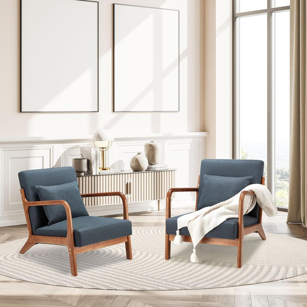 Aecojoy Accent Chair for Living Room Mid Century Modern Fabric Arm Chair Set of 2 in Blue for Bedroom
