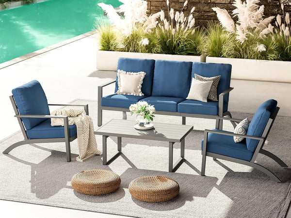 AECOJOY Aluminum Patio Furniture Set with Waterproof Cover Modern Metal Outdoor Patio Furniture Clearance Adirondack Patio Conversation Sets for Lawn, Backyard, and Deck Navy Blue