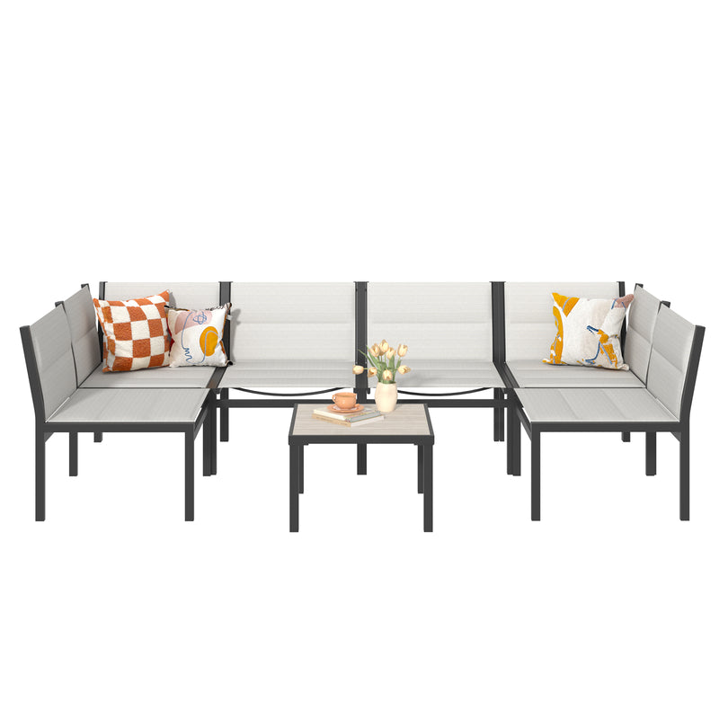 AECOJOY Outdoor Furniture Sets, 7 Pieces Cotton-Filled Textilene Fabric Outdoor Coffee Table and Chairs for Garden, Off-White