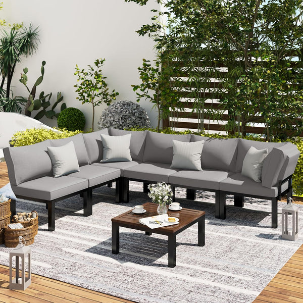 YODOLLA 7 piece Outdoor Patio furniture Set Clearance Metal Patio Sectional Sofa Set on sale with Grey Cushions and 30" Fire Pit Table