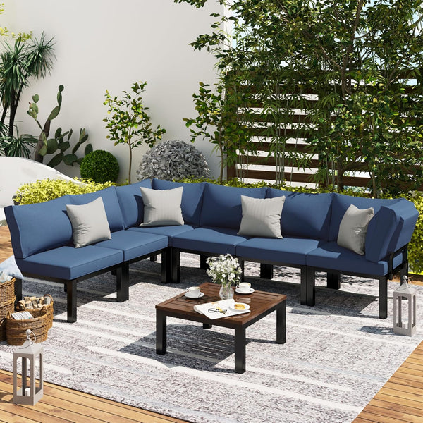 YODOLLA 7 Pieces Outdoor Patio furniture Set Clearance Metal Patio Sectional Sofa Set on sale with Navy Blue Cushions and 43" Fire Pit Table