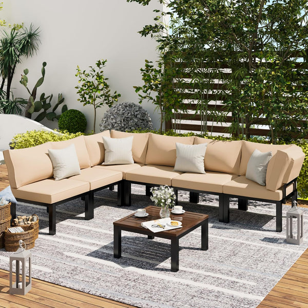 YODOLLA 7 Pieces Outdoor Metal Furniture Sets Patio Conversation Set with Coffee Table and 43" Fire Pit Table, Beige