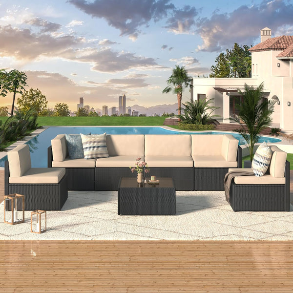 YODOLLA 7-Piece Patio Furniture Set with 30" Fire Pit Table, Rattan Wicker Outdoor Sectional Sofa Couch with Table Patio Conversation Set for Lawn& Backyard In Black&Beige