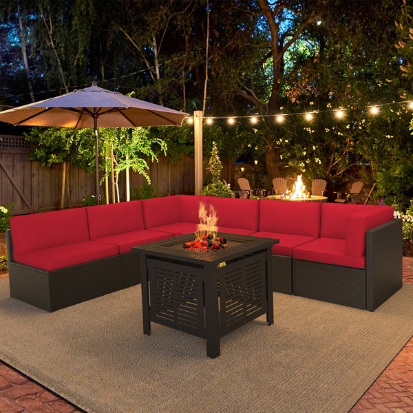 YODOLLA 7-Piece Patio Furniture Set with 30" Fire Pit Table, Rattan Wicker Outdoor Sectional Sofa Couch with Table Patio Conversation Set for Lawn& Backyard In Brown&Red