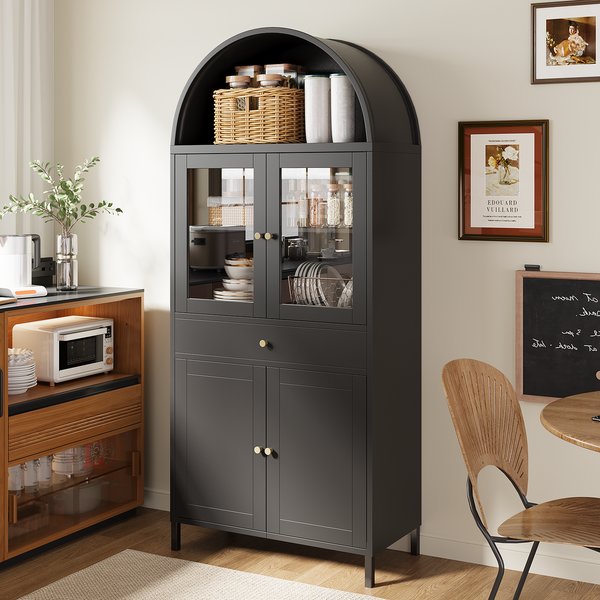 YODOLLA 73" Arched Cabinet Metal Storage Display Cabinet with One Drawer, Pantry Cabinet, Black