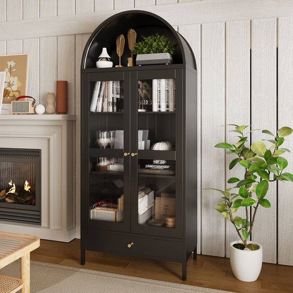 YODOLLA 73" Arched Cabinet Metal Storage Display Cabinet, Pantry Cabinet, Black