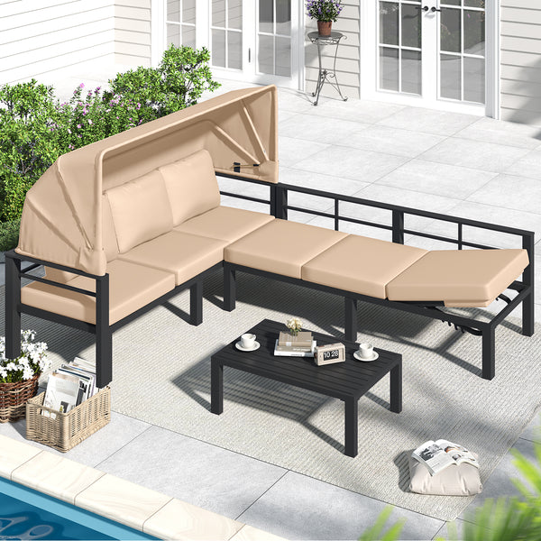AECOJOY Outdoor Furniture Set with Retractable Canopy, Patio Comfortable Sectional Sofa with Coffee Table & 2 Adjustable Backrests in Beige
