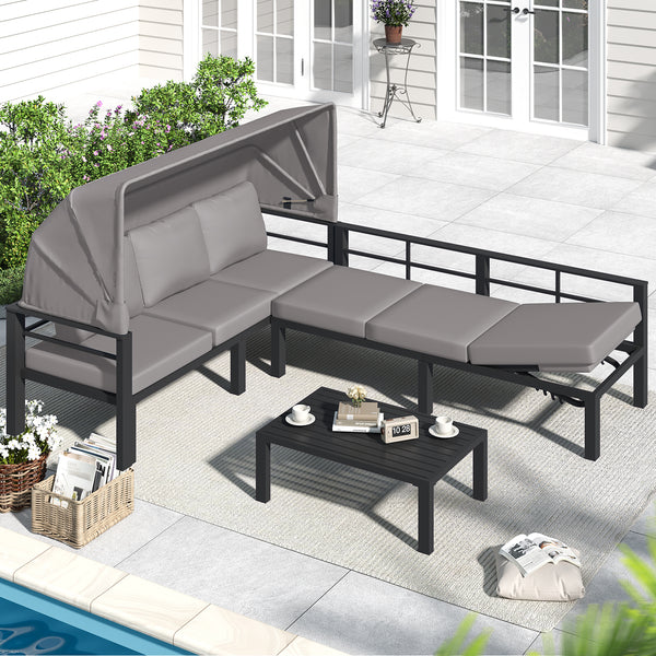 AECOJOY Outdoor Furniture Set with Retractable Canopy, Patio Comfortable Sectional Sofa with Coffee Table & 2 Adjustable Backrests in Grey