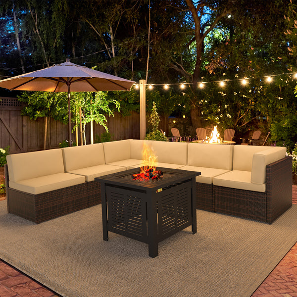 YODOLLA 7-Piece Patio Furniture Set with 30" Fire Pit Table, Rattan Wicker Outdoor Sectional Sofa Couch with Table Patio Conversation Set for Lawn& Backyard In Brown&Beige