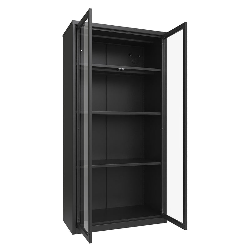 YODOLLA Display Cabinet with Acrylic Glass Doors Storage Cabinets with Adjustable Shelves Pantry Storage Cabinet Metal Curio Cabinet for Living Room Office and Kitchen, Black