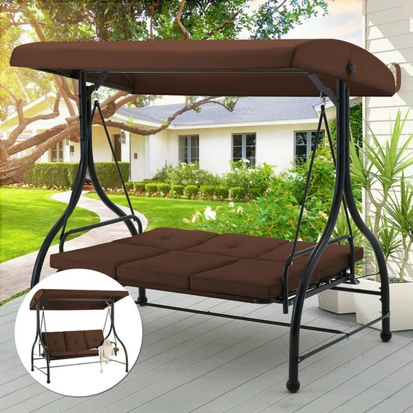 AECOJOY 3 Person Canopy Steel Porch Swing-Brown