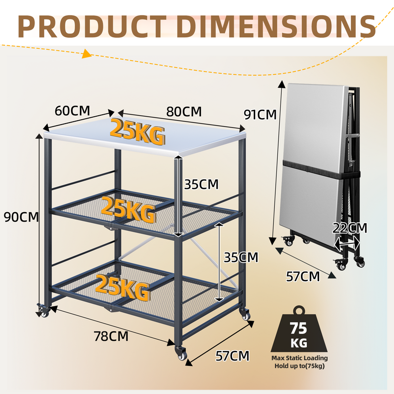 AECOJOY Foldable Outdoor Grill Cart Rolling Dining Table with Three-Shelf,Garden Patio BBQ Kitchen Food Prep Cart,Grey