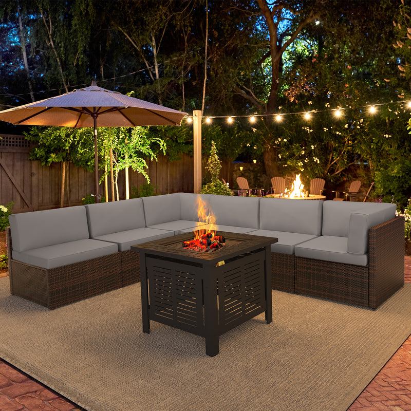 YODOLLA 7-Piece Patio Furniture Set with 30" Fire Pit Table, Rattan Wicker Outdoor Sectional Sofa Couch with Table Patio Conversation Set for Lawn& Backyard In Brown&Gray