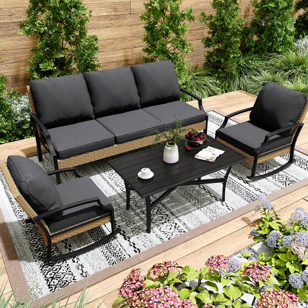 AECOJOY Patio Furniture Sets On Sale,Metal Outdoor Furniture Sets Clearance,Wicker Rattan Patio Conversation Sets For Porch, Garden, Deck and Backyard,Dark Grey