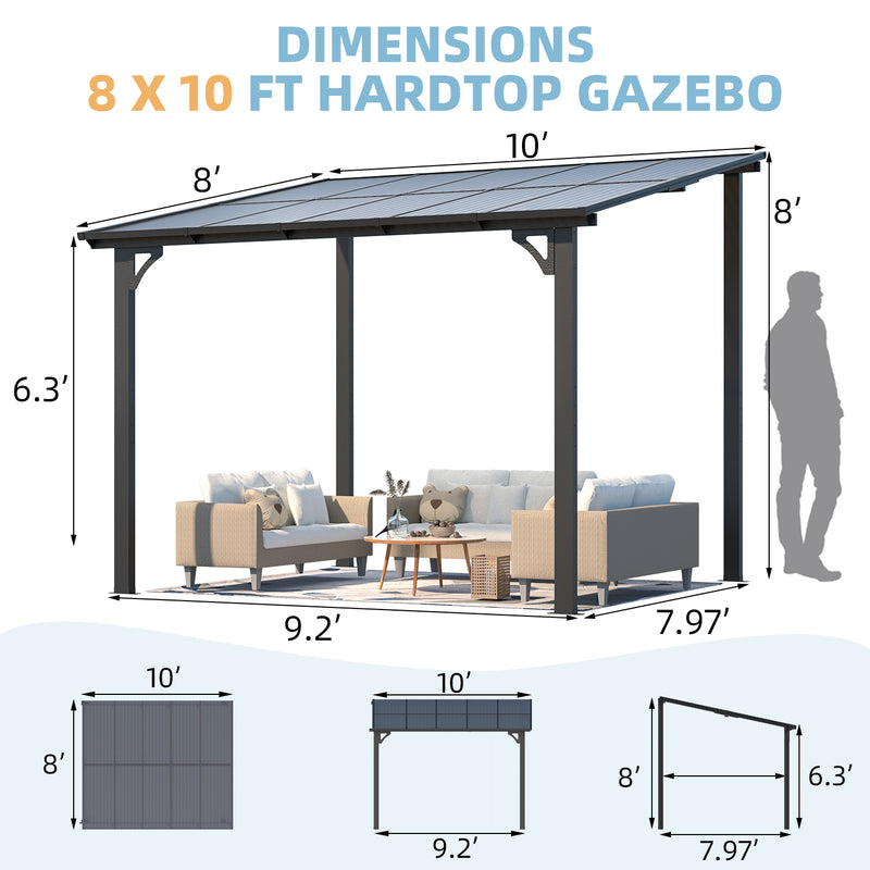 AECOJOY 8' x 10' Hardtop Gazebo Outdoor Aluminum Pergola For Garden, Patio, Backyard-Gray