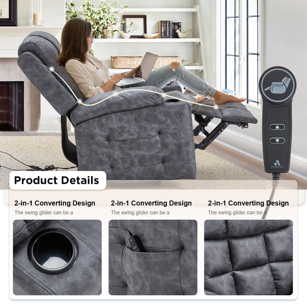 YODOLLA Oversized Nursery Electric Recliner Chair, Power Sofa with USB & Cup Holders, Breathable Leather Fabric, Home Theater Seating in Bronze Dark Grey