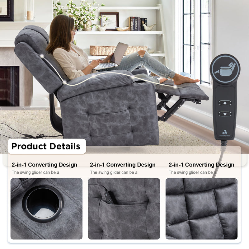 YODOLLA Oversized Nursery Electric Recliner Chair, Power Sofa with USB & Cup Holders, Breathable Leather Fabric, Home Theater Seating in Bronze Dark Grey
