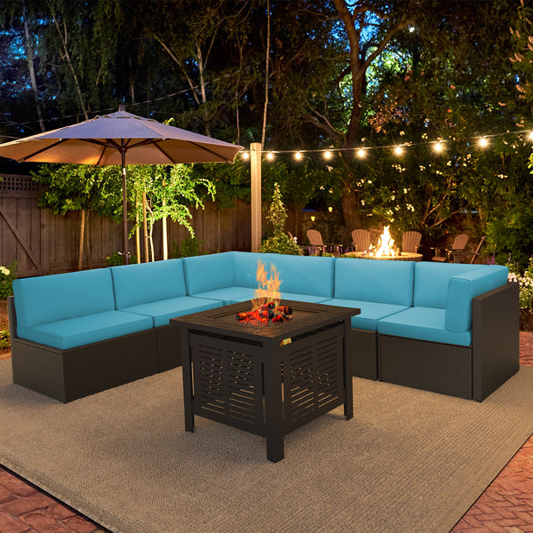 YODOLLA 7-Piece Patio Furniture Set with 30" Fire Pit Table, Rattan Wicker Outdoor Sectional Sofa Couch with Table Patio Conversation Set for Lawn& Backyard In Black&Blue