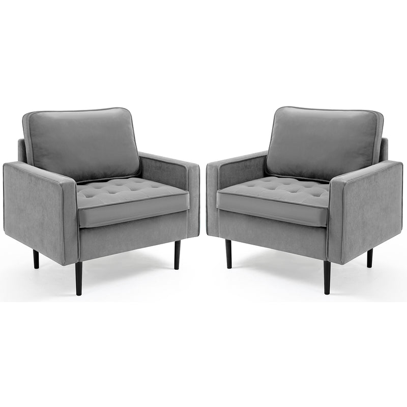 AVAWING Modern Velvet Single Sofa Chair Set of 2 with Cushions Accent Armchair with Metal Legs Comfy Tufted Upholstered Armchair for Living Room, Bedroom, Office, Reading Room, Grey