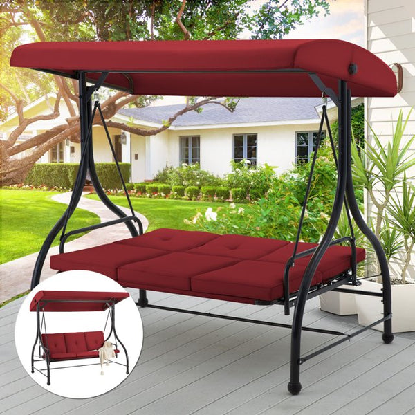 AECOJOY 3 Person Canopy Steel Porch Swing-Red