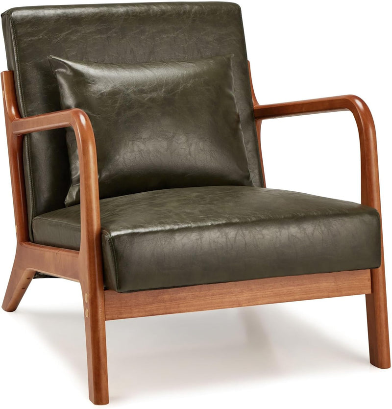 Esright Accent Chair Faux Leather Accent Chairs for Living Room, Mid Century Modern Living Room Bedroom Reading Comfy Lounge Chairs, Small Side Armchair for Bedrooms in Green