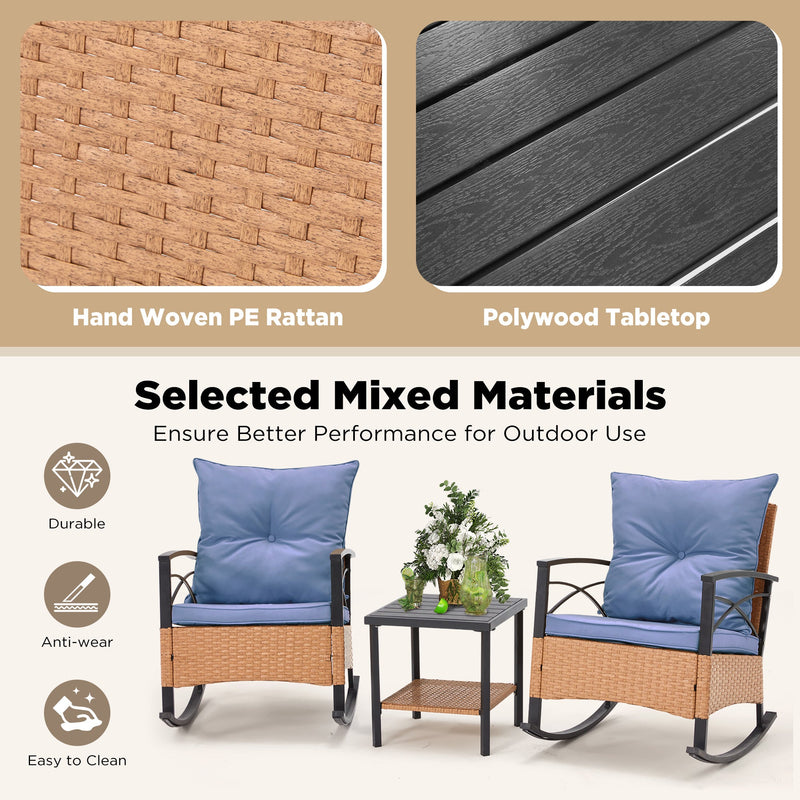 3-Piece Bistro Set: Outdoor Rattan Rocking Chairs with Cushions and Coffee Table