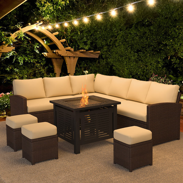 YODOLLA 7-Piece Patio Conversation Set with 30" Fire Pit Table, Outdoor Sectional Sofa, PE Rattan Wicker Furniture, Steel Frame, Beige