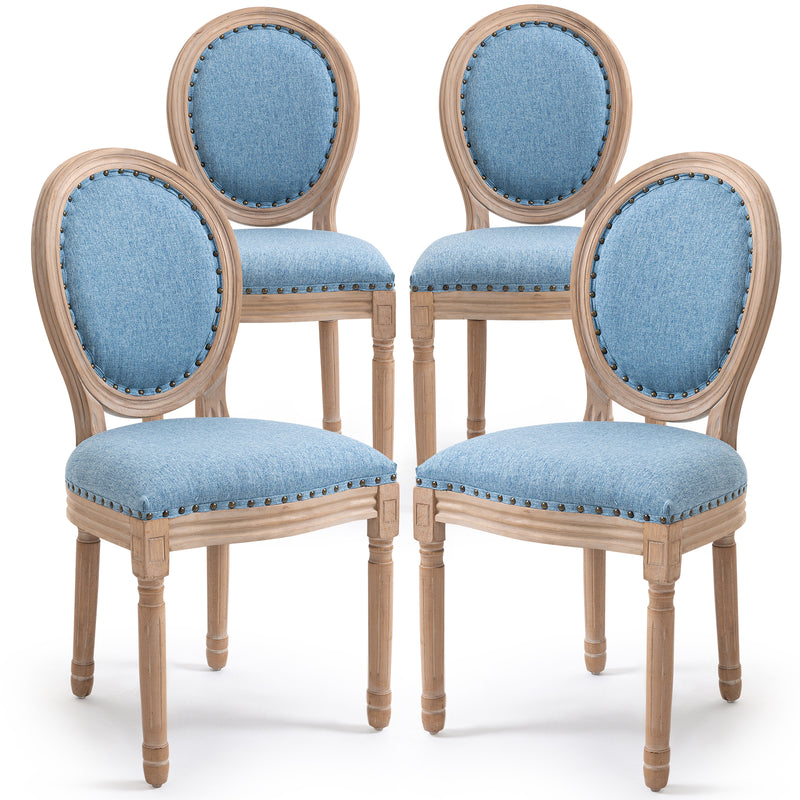 AVAWING French Country Dining Chairs Set of 4, Farmhouse Fabric Dining Room Chairs Vintage Chair with Round Back, Solid Wood Legs Kitchen Chair for Dining Room/Living Room/Kitchen/Restaurant, Blue