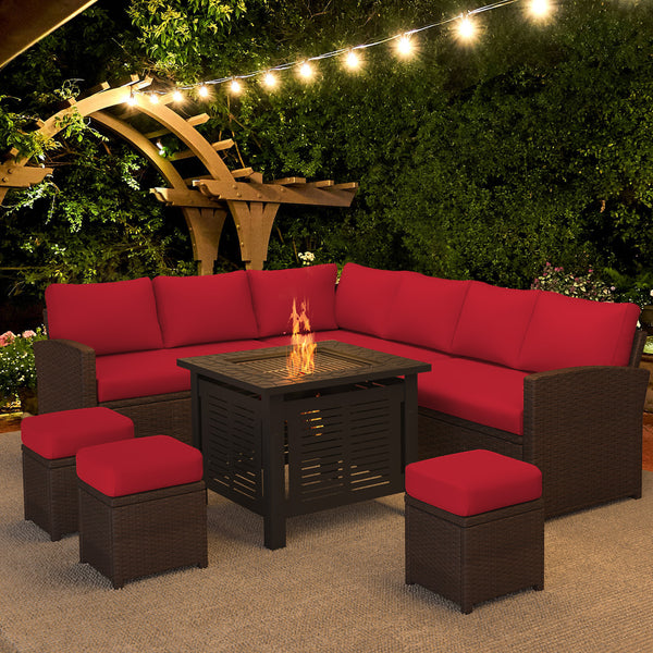 YODOLLA 7-Piece Patio Conversation Set with 30" Fire Pit Table, Outdoor Sectional Sofa, PE Rattan Wicker Furniture, Steel Frame, Red