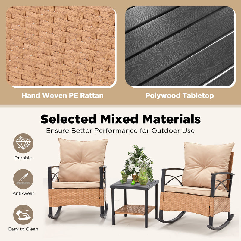 3-Piece Bistro Set: Outdoor Rattan Rocking Chairs with Cushions and Coffee Table